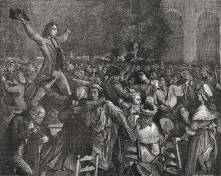Camille Desmoulins (1760-94) parlant au Palais Royal, 12 juillet 1789, gravé par Pierre Gabriel Berthault (1737-1831)